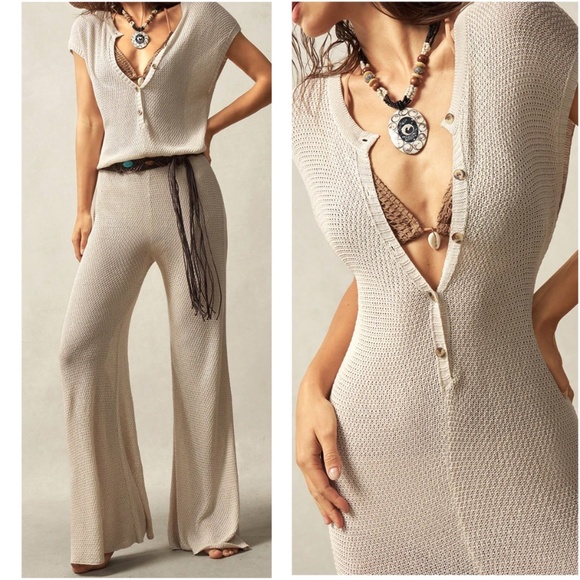 Pants - Solid Button up Batwing Sleeve Wide leg Semi Sheer Jumpsuit